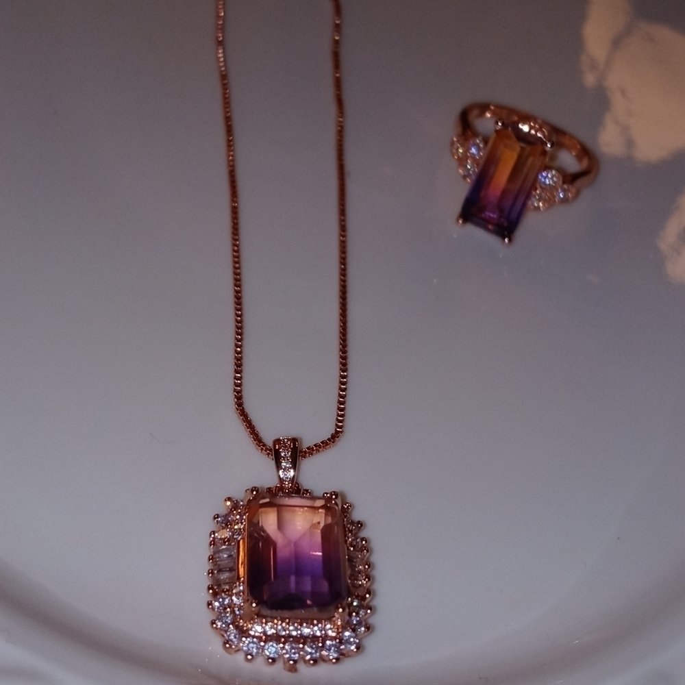Gold plated ring size 8 with Tourmaline stone ,necklace with pendant